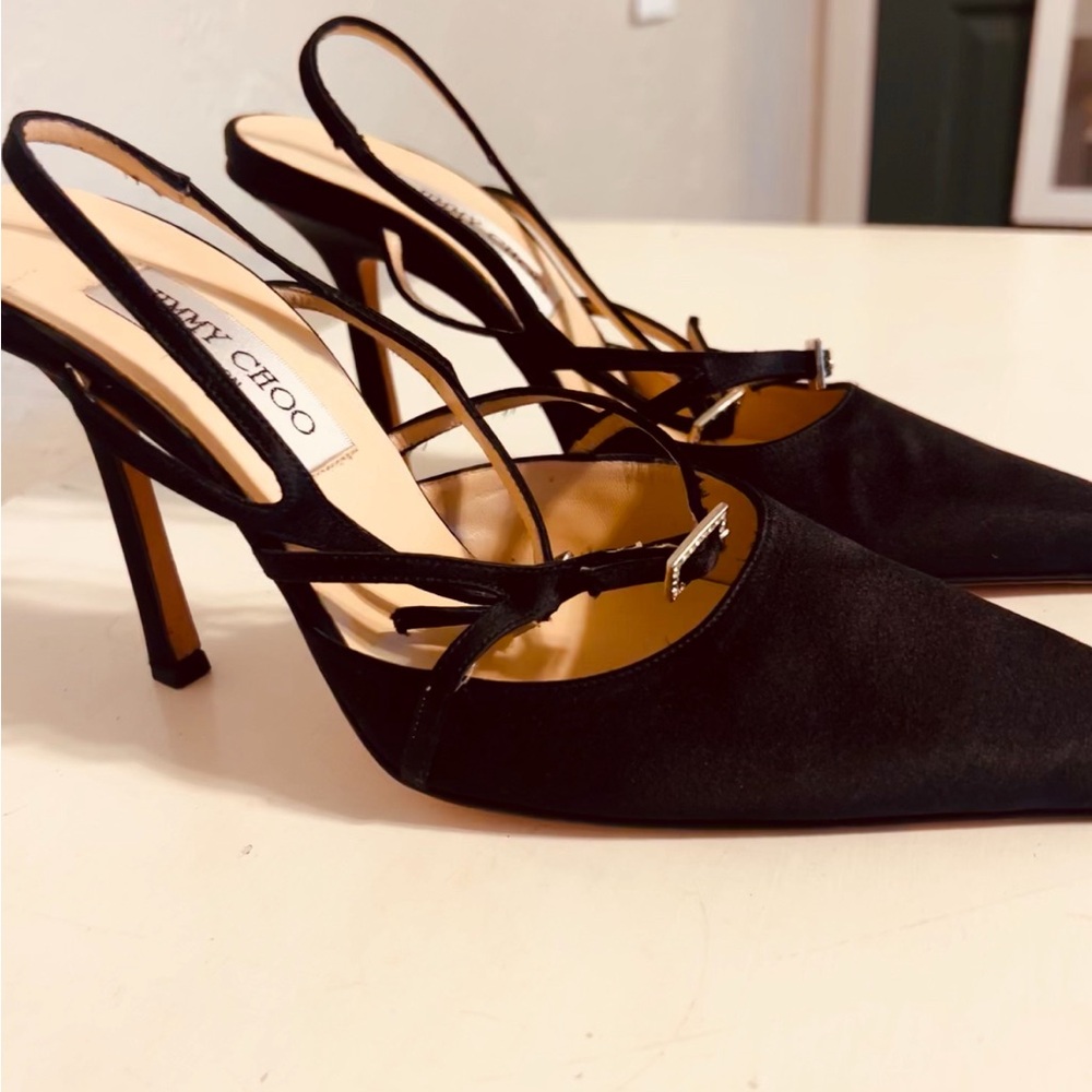 Jimmy Choo Black Satin Slingback Heels – Pointed Toe, Size 39, Made in Italy